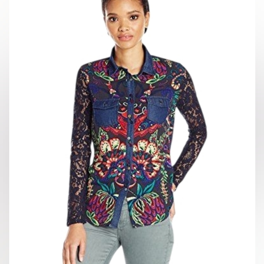 Desigual Lace Long Sleeve Button Up Shirt Bold Vibrant Abstract Size XS